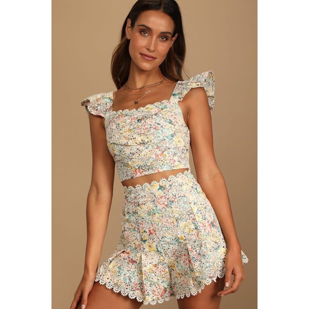 Lulus Sweeter Than Ever Multi Floral Eyelet Lace Crop Top Beige - Size M